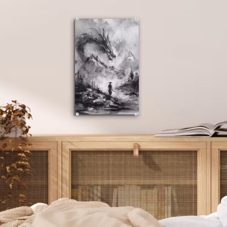 Glas schilderij - Krijger - Draak - Grijs — 5