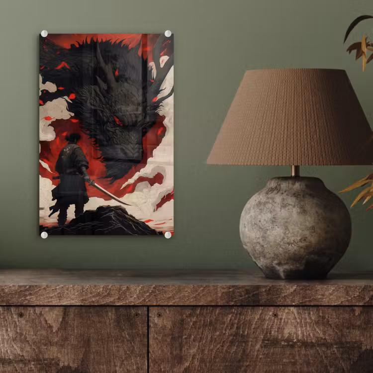 Glas schilderij - Krijger - Draak - Zwart - Rood - Rook — 4