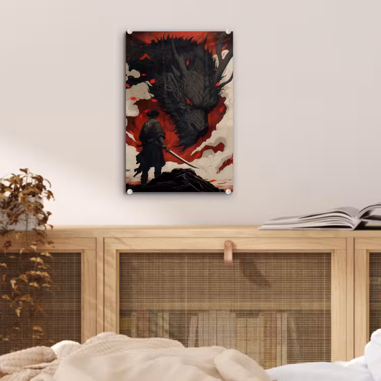Glas schilderij - Krijger - Draak - Zwart - Rood - Rook — 5