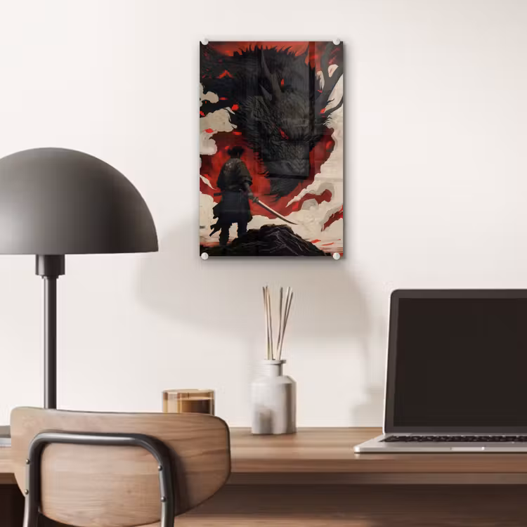 Glas schilderij - Krijger - Draak - Zwart - Rood - Rook — 7