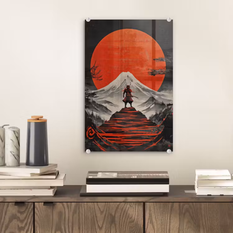Glas schilderij - Krijger - Rode trappen - Zon - Berg — 2