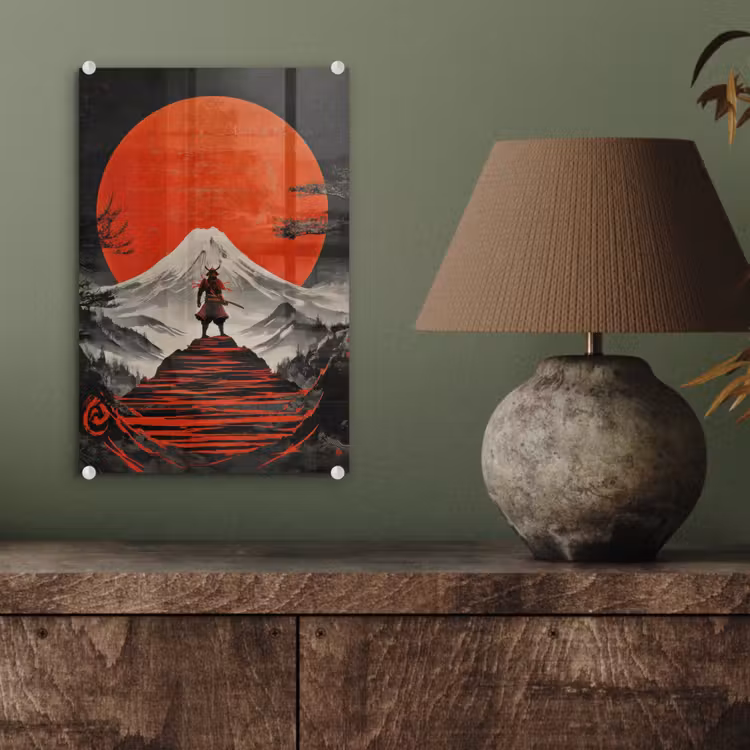 Glas schilderij - Krijger - Rode trappen - Zon - Berg — 4