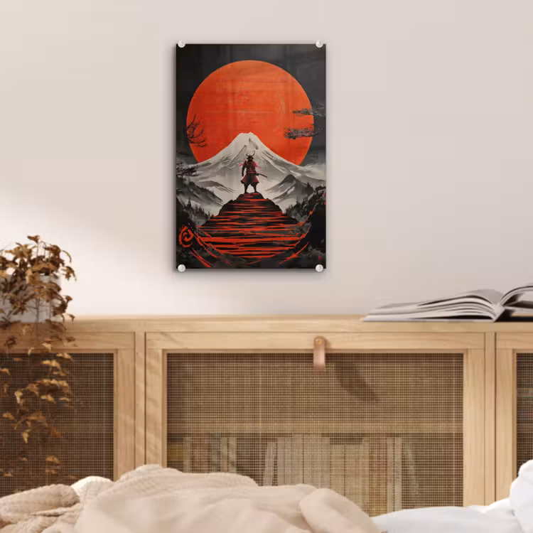 Glas schilderij - Krijger - Rode trappen - Zon - Berg — 5