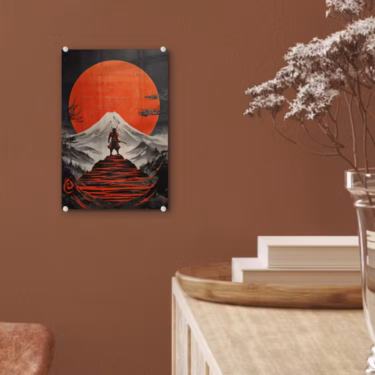 Glas schilderij - Krijger - Rode trappen - Zon - Berg — 6
