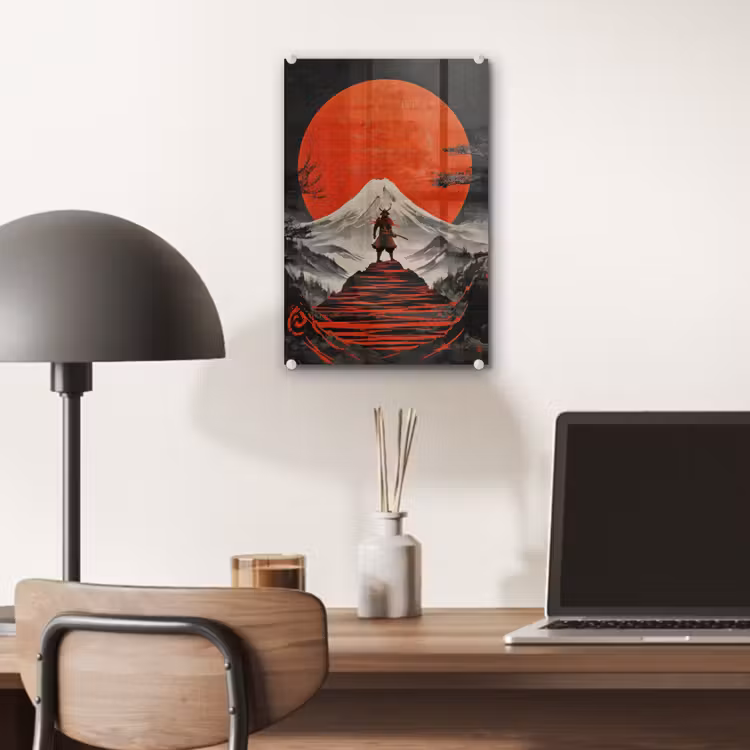 Glas schilderij - Krijger - Rode trappen - Zon - Berg — 7