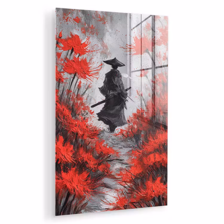 Glas schilderij - Rode bloemen - mistig - Man — 1