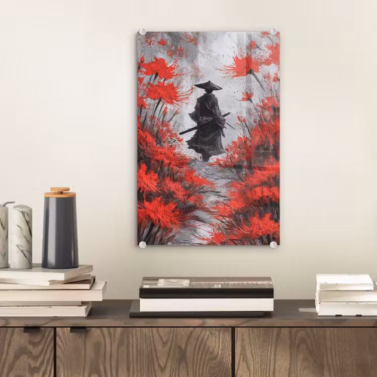 Glas schilderij - Rode bloemen - mistig - Man — 2