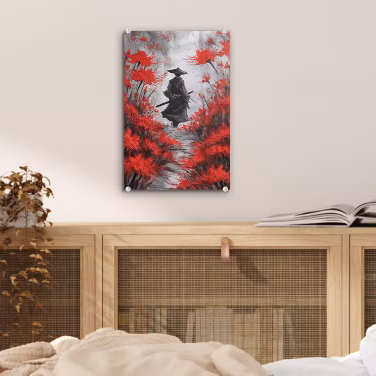 Glas schilderij - Rode bloemen - mistig - Man — 5