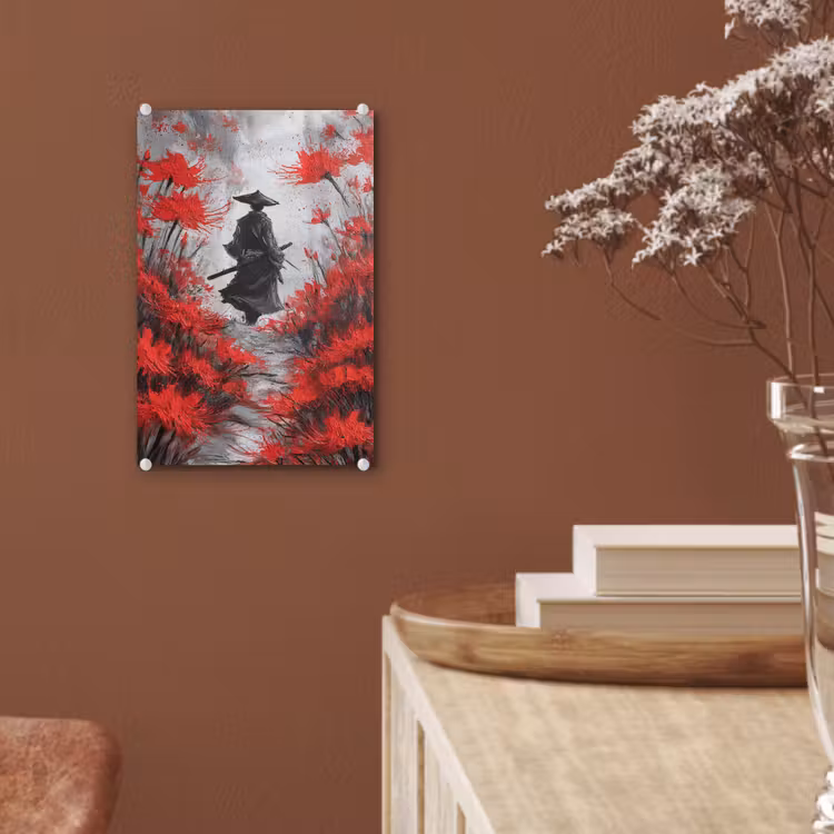 Glas schilderij - Rode bloemen - mistig - Man — 6