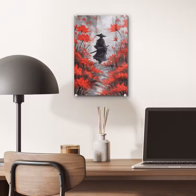 Glas schilderij - Rode bloemen - mistig - Man — 7