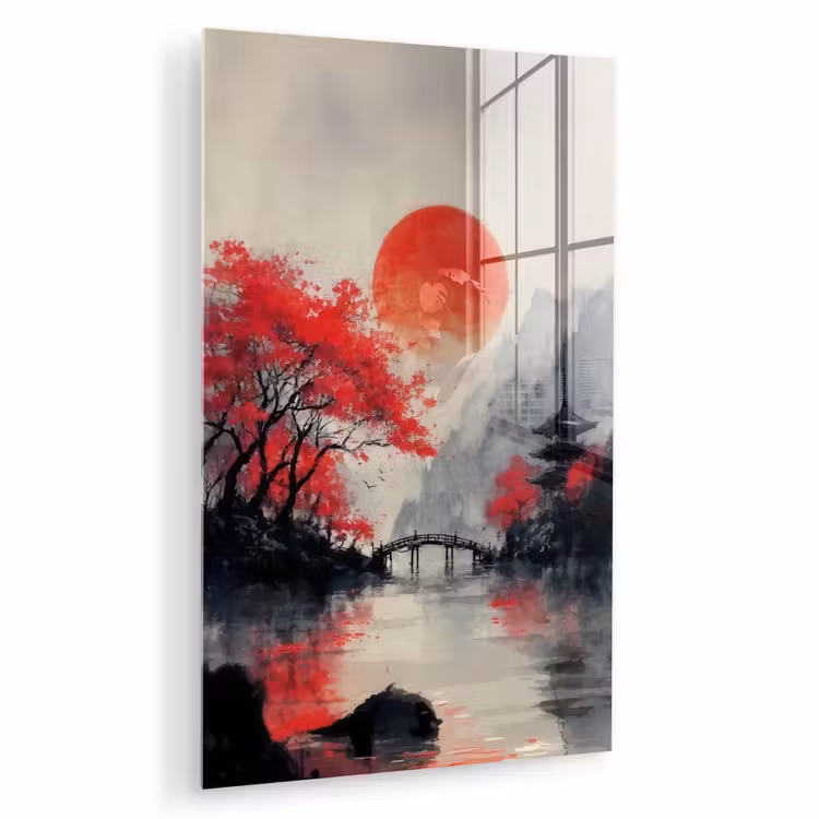 Glas schilderij - Rode zon - Rivier - brug - Bomen — 1