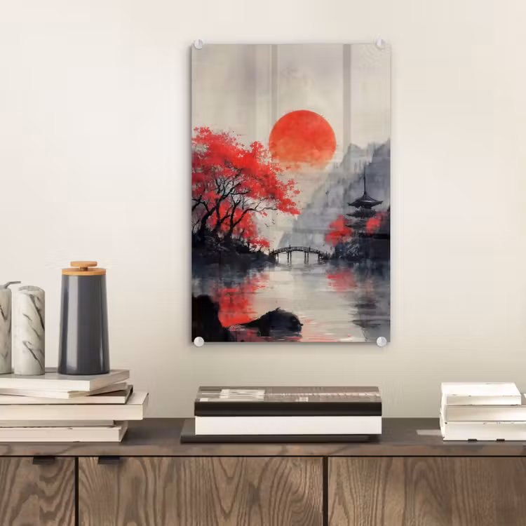 Glas schilderij - Rode zon - Rivier - brug - Bomen — 2