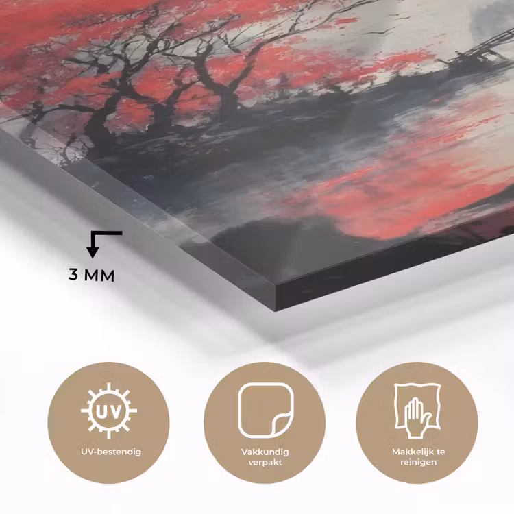 Glas schilderij - Rode zon - Rivier - brug - Bomen — 3