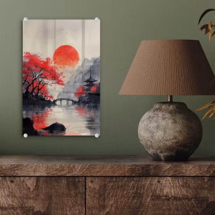 Glas schilderij - Rode zon - Rivier - brug - Bomen — 4