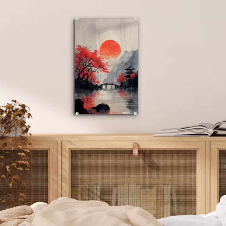 Glas schilderij - Rode zon - Rivier - brug - Bomen — 5