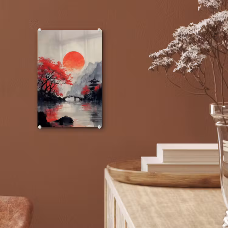 Glas schilderij - Rode zon - Rivier - brug - Bomen — 6