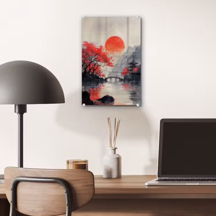 Glas schilderij - Rode zon - Rivier - brug - Bomen — 7
