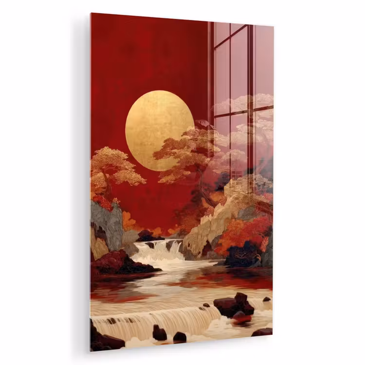 Glas schilderij - Volle maan - Landschap - Waterval — 1