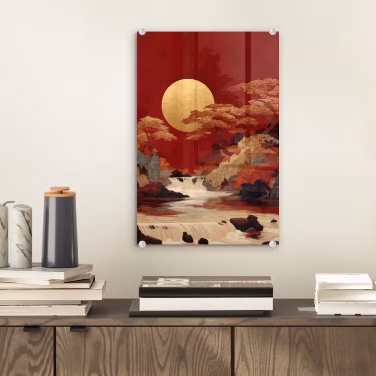 Glas schilderij - Volle maan - Landschap - Waterval — 2