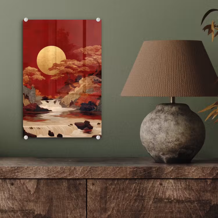 Glas schilderij - Volle maan - Landschap - Waterval — 4