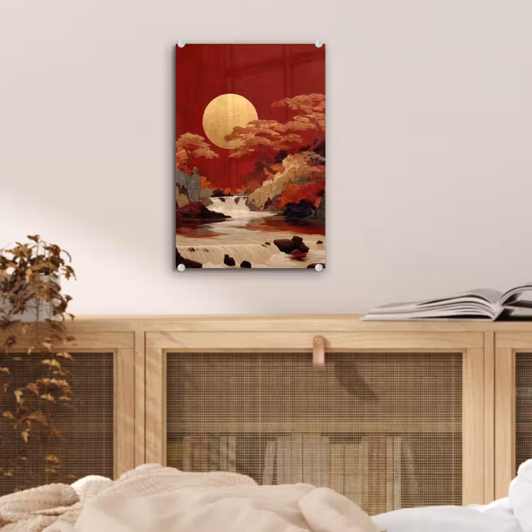 Glas schilderij - Volle maan - Landschap - Waterval — 5