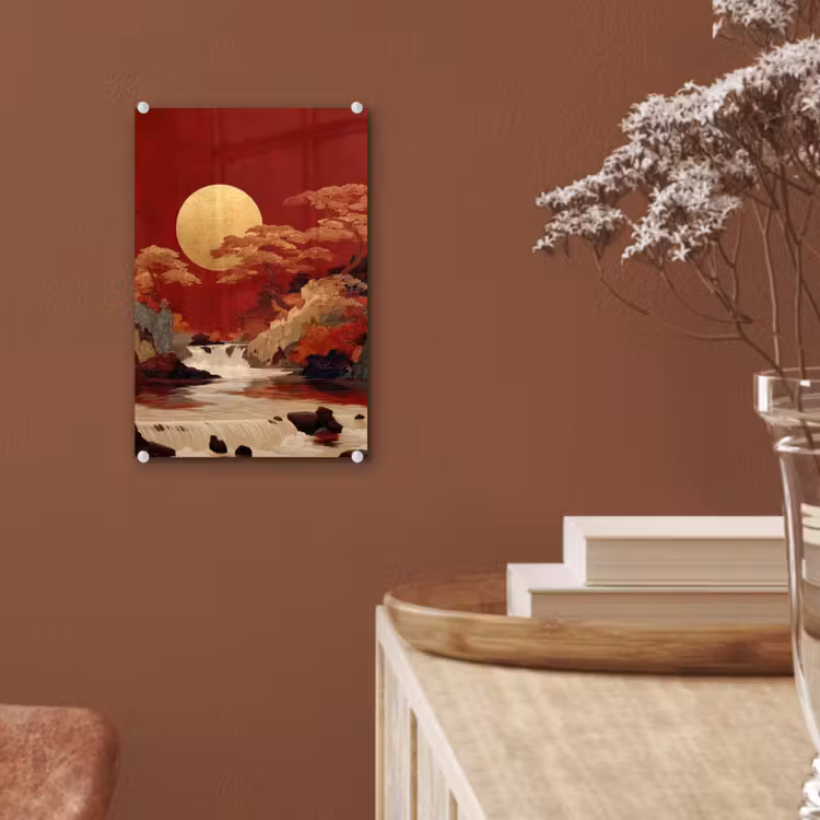 Glas schilderij - Volle maan - Landschap - Waterval — 6
