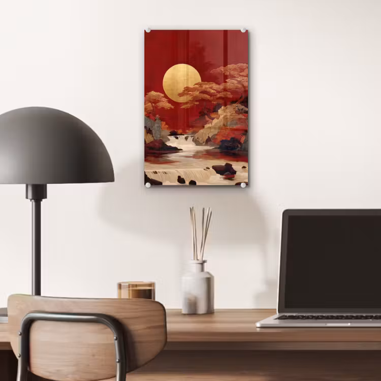 Glas schilderij - Volle maan - Landschap - Waterval — 7