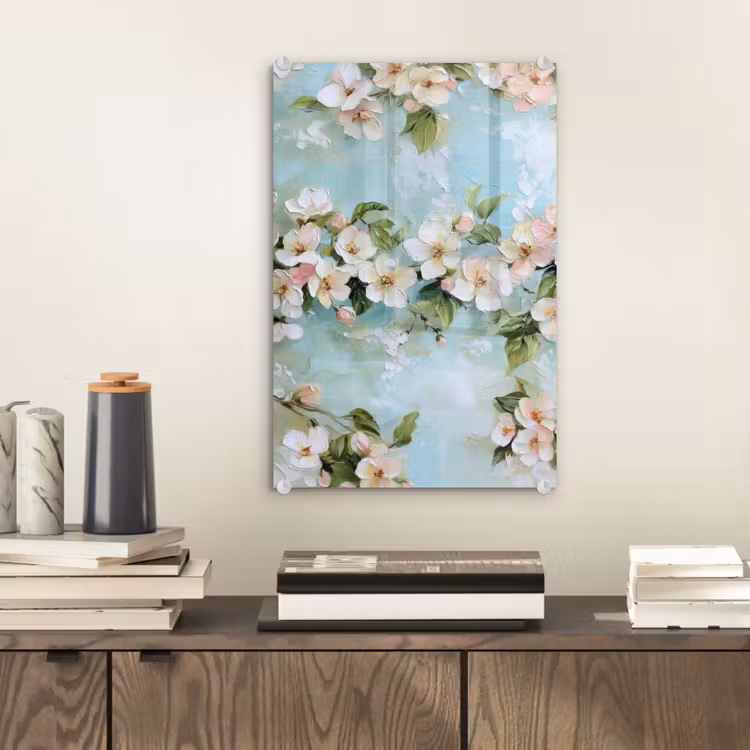 Glas schilderij - Bloesem - Bladeren - Lichtblauw — 2
