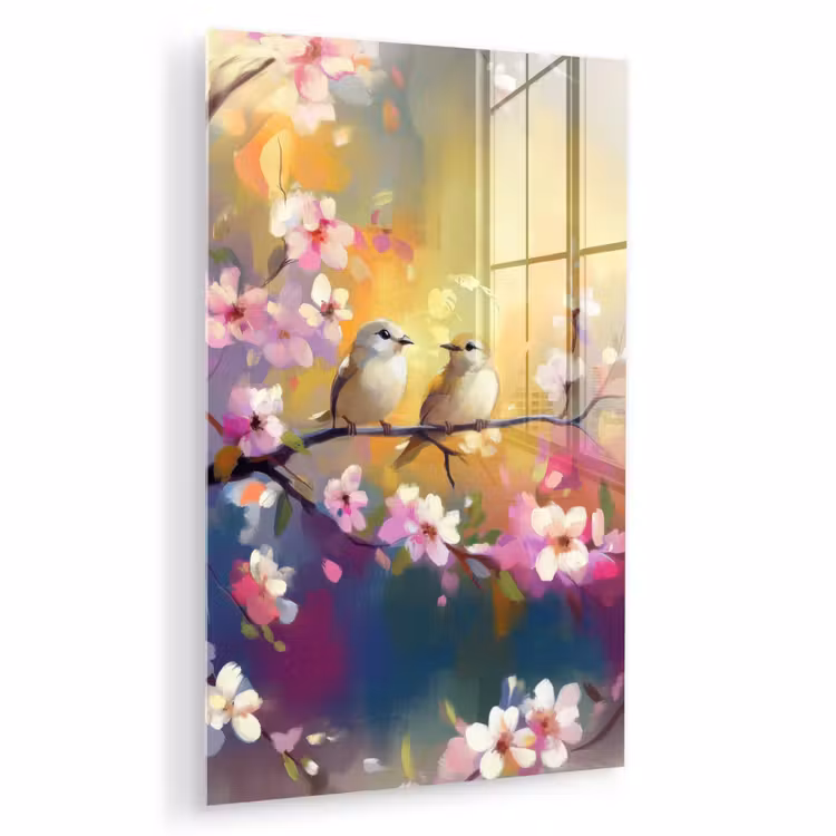 Glas schilderij - Vogels - Bloemen - Roze — 1