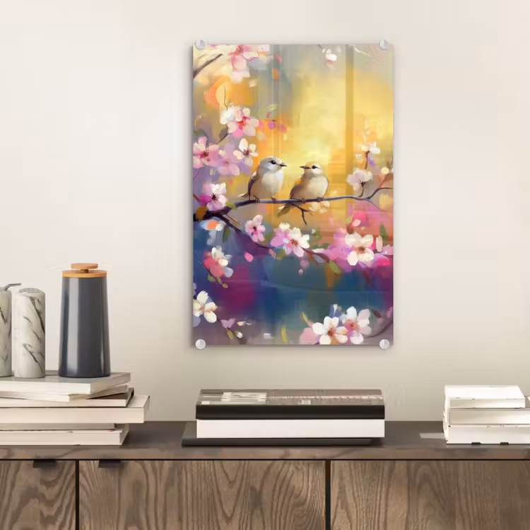 Glas schilderij - Vogels - Bloemen - Roze — 2
