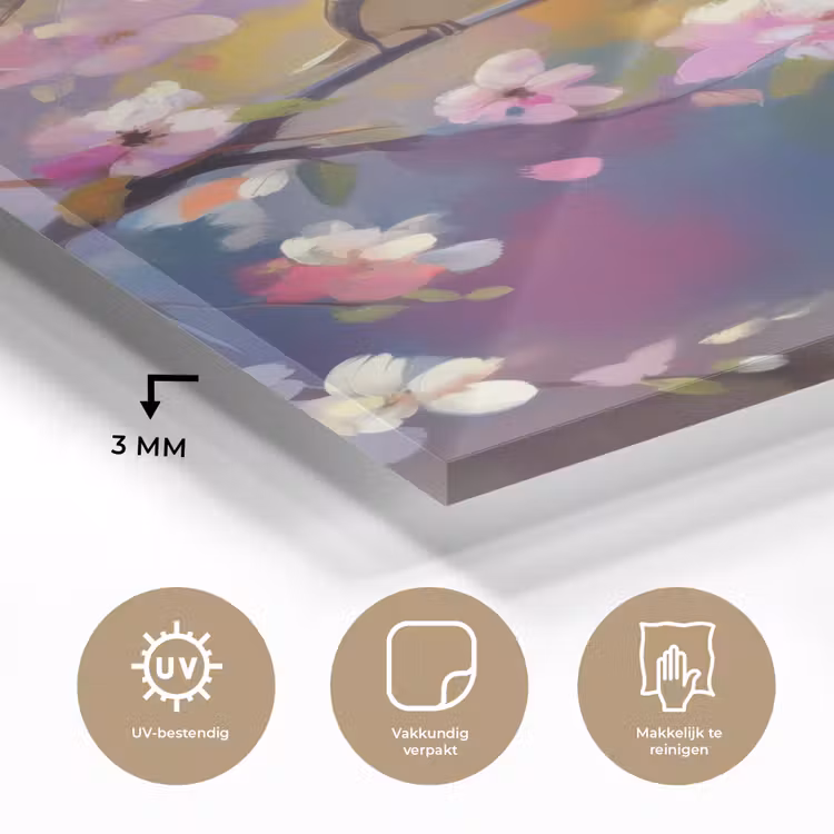 Glas schilderij - Vogels - Bloemen - Roze — 3