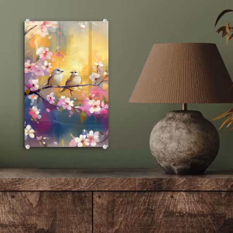 Glas schilderij - Vogels - Bloemen - Roze — 4