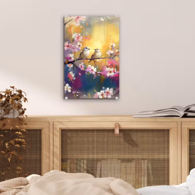 Glas schilderij - Vogels - Bloemen - Roze — 5