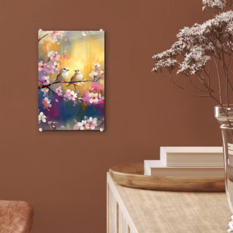 Glas schilderij - Vogels - Bloemen - Roze — 6
