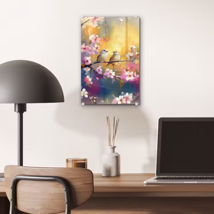 Glas schilderij - Vogels - Bloemen - Roze — 7
