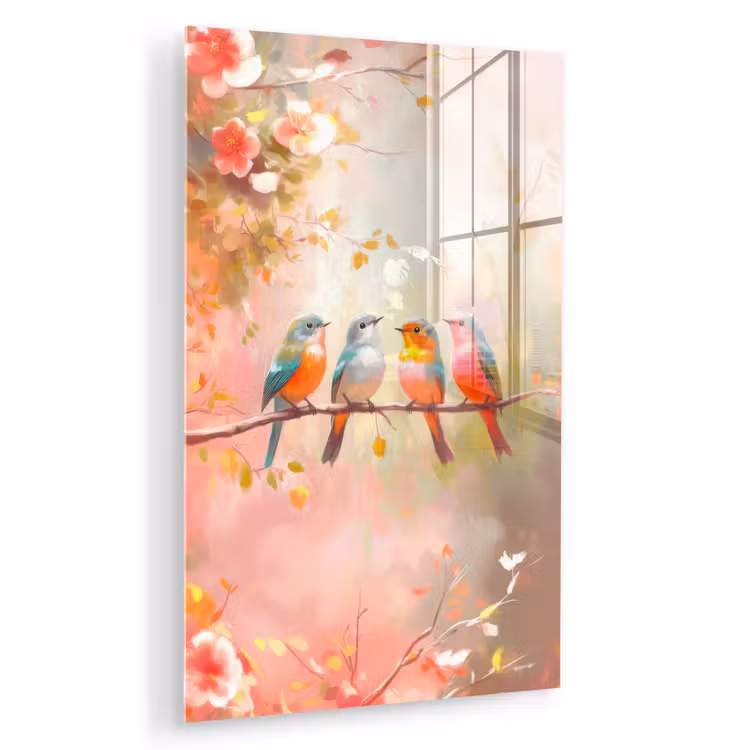 Glas schilderij - Vogels - Kleurrijk - Tak — 1
