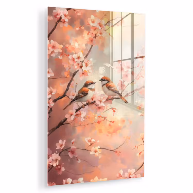 Glas schilderij - Vogels - Romantic - Bloesemtak — 1