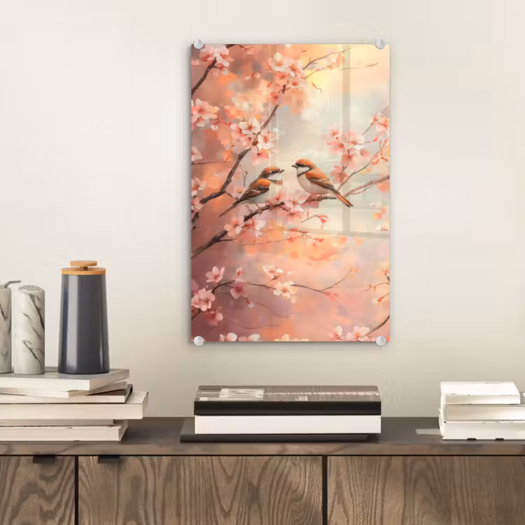 Glas schilderij - Vogels - Romantic - Bloesemtak — 2