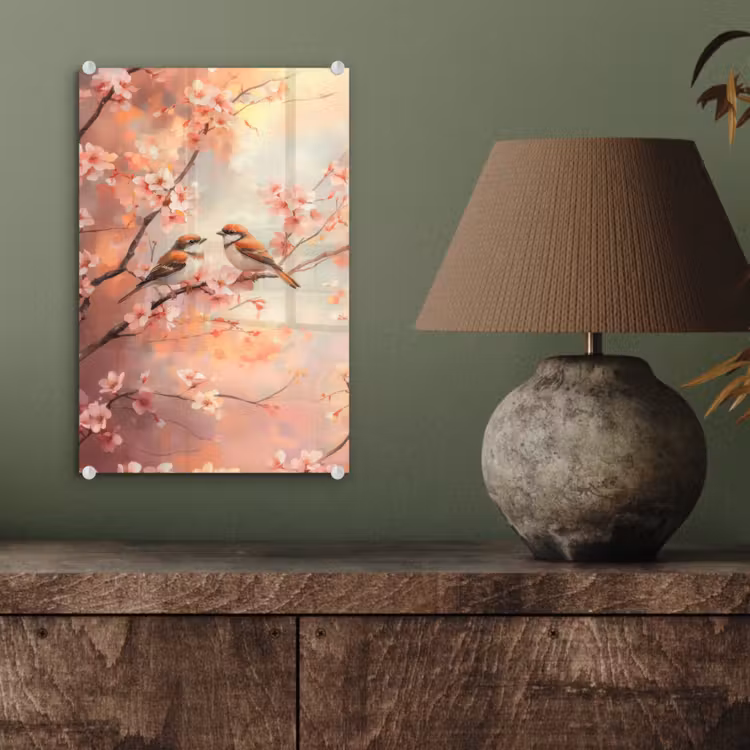 Glas schilderij - Vogels - Romantic - Bloesemtak — 4