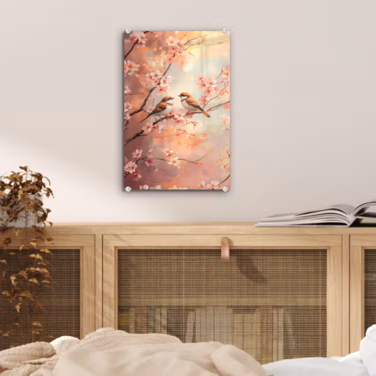 Glas schilderij - Vogels - Romantic - Bloesemtak — 5