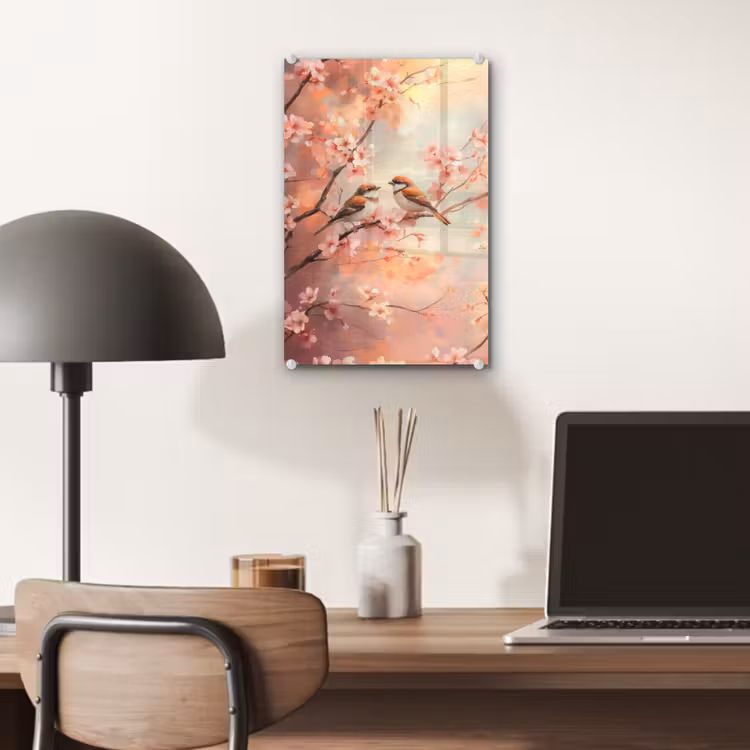 Glas schilderij - Vogels - Romantic - Bloesemtak — 7