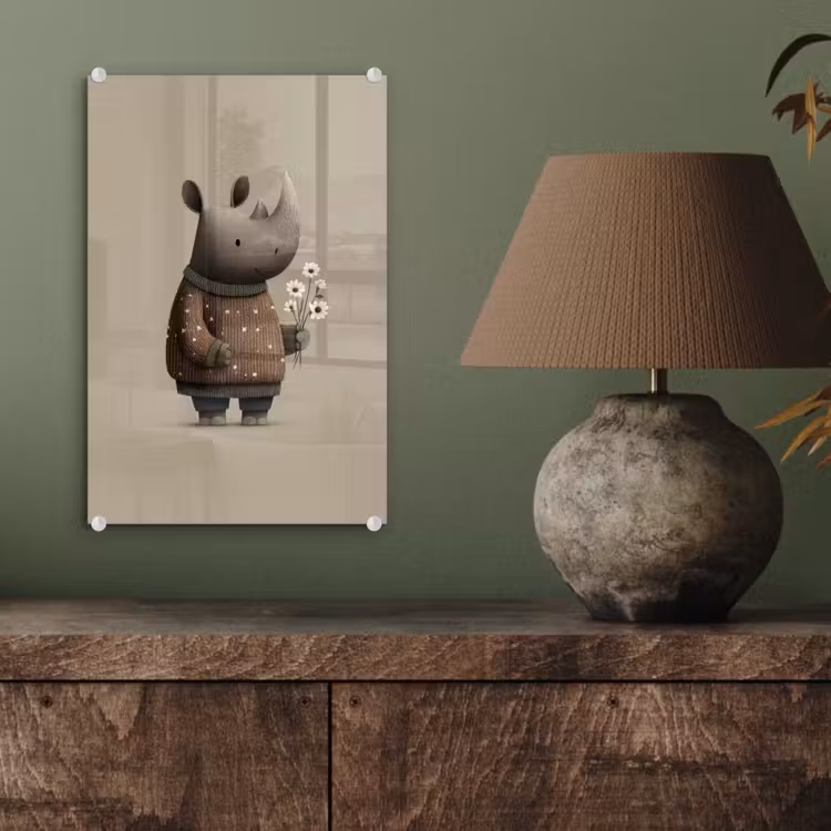 Glas schilderij - Neushoorn - Witte bloemen - Lief — 4