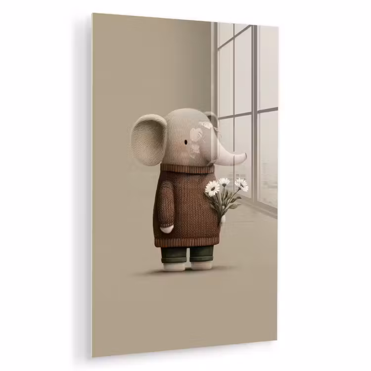 Glas schilderij - Olifant - Witte bloemen - Kindvriendelijk — 1
