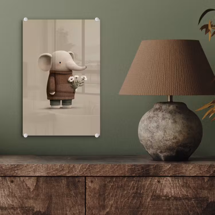 Glas schilderij - Olifant - Witte bloemen - Kindvriendelijk — 4