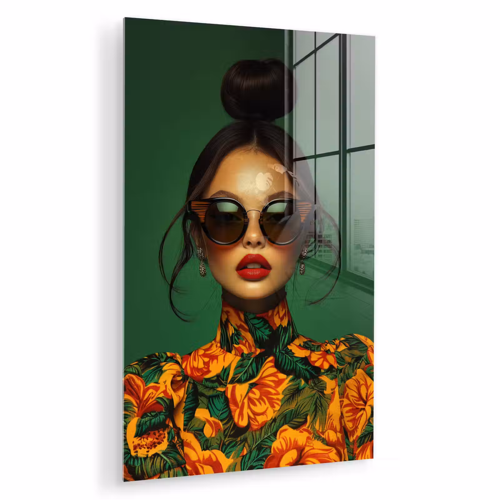 Glas schilderij - Vrouw - Groen - Modern - Bril - Abstract — 1