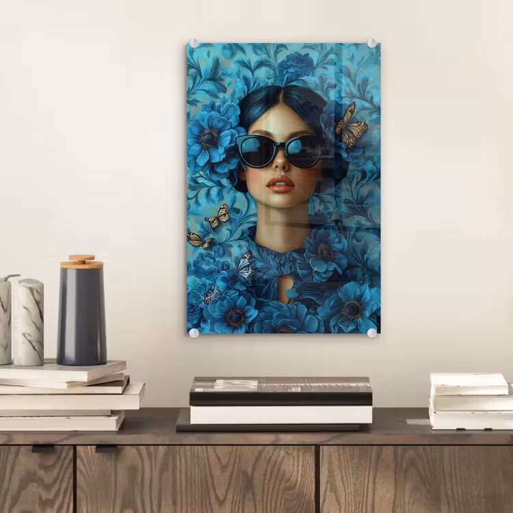 Glas schilderij - Vrouw - Bloemen - Vlinders - Blauw - Abstract — 2