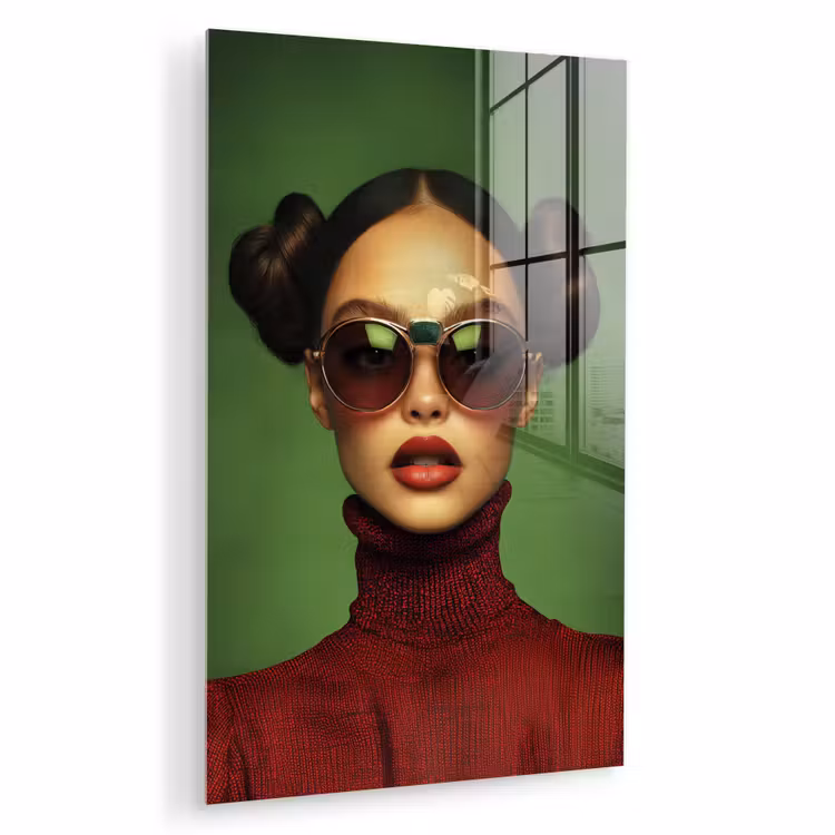 Glas schilderij - Vrouw - Groen - Bril - Aesthetic - Modern — 1