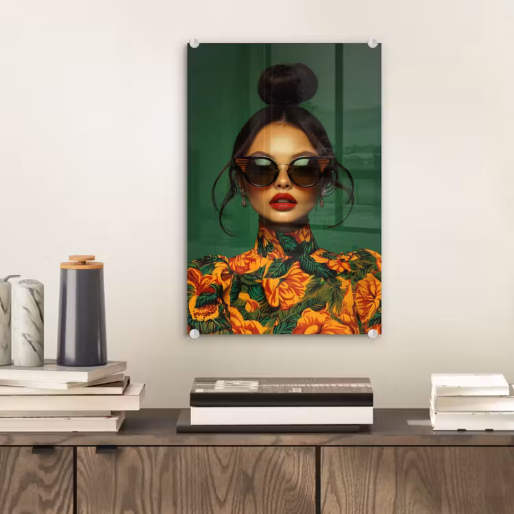 Glas schilderij - Vrouw - Groen - Modern - Bril - Abstract — 2