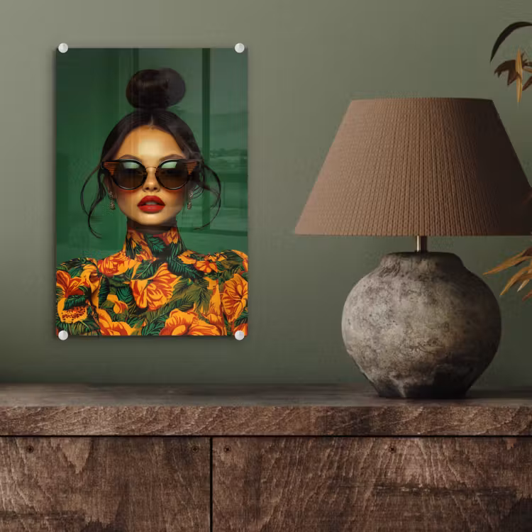 Glas schilderij - Vrouw - Groen - Modern - Bril - Abstract — 4