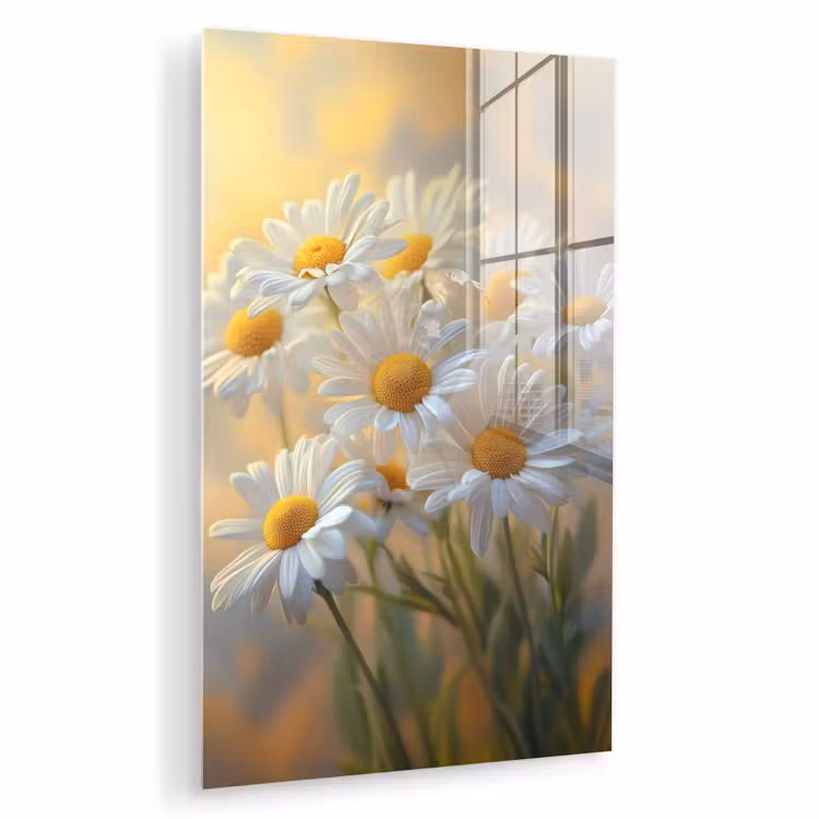 Glas schilderij - Madeliefjes - Wit - Zonlicht — 1
